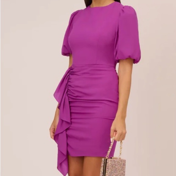 PUFF SHORT SLEEVE SHEATH DRESS WITH RUFFLE ACCENT IN WILD ORCHID - Picture 2 of 7